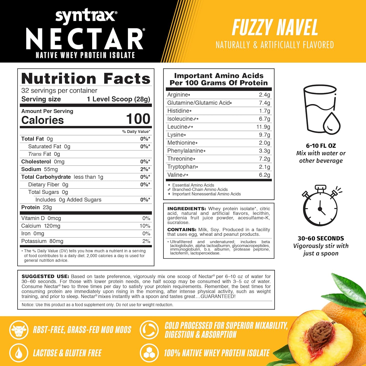 Syntrax Nutrition Nectar Fuzzy Navel Whey Isolate Protein Powder - Refreshing Fruit Flavor, 2 lbs