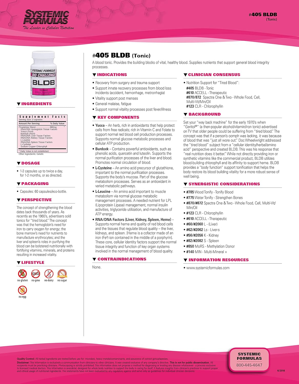 Systemic Formulas BLDB Tonic Capsules #405 for Blood Health with Liver, Kidney, Spleen, and Hemoglobin Tissue Support - 60 Count