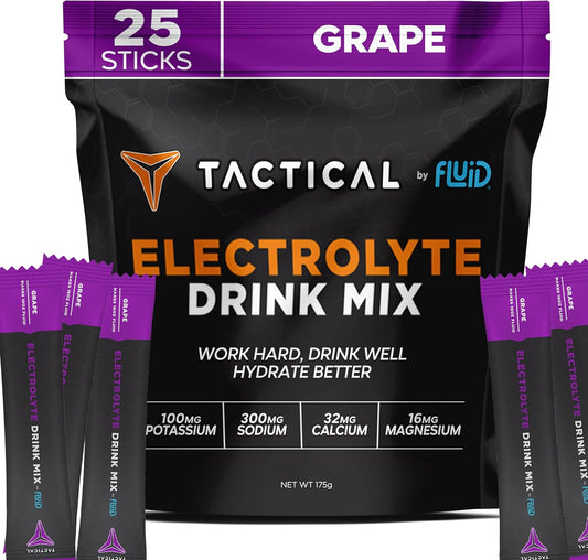 Tactical Electrolyte Powder Drink Mix - 25 Count Stick Packs (Grape Flavor) - Re-Hydrate, Prevent Dehydration, Eliminate Cramps - Low Sugar Formula - Travel Ready