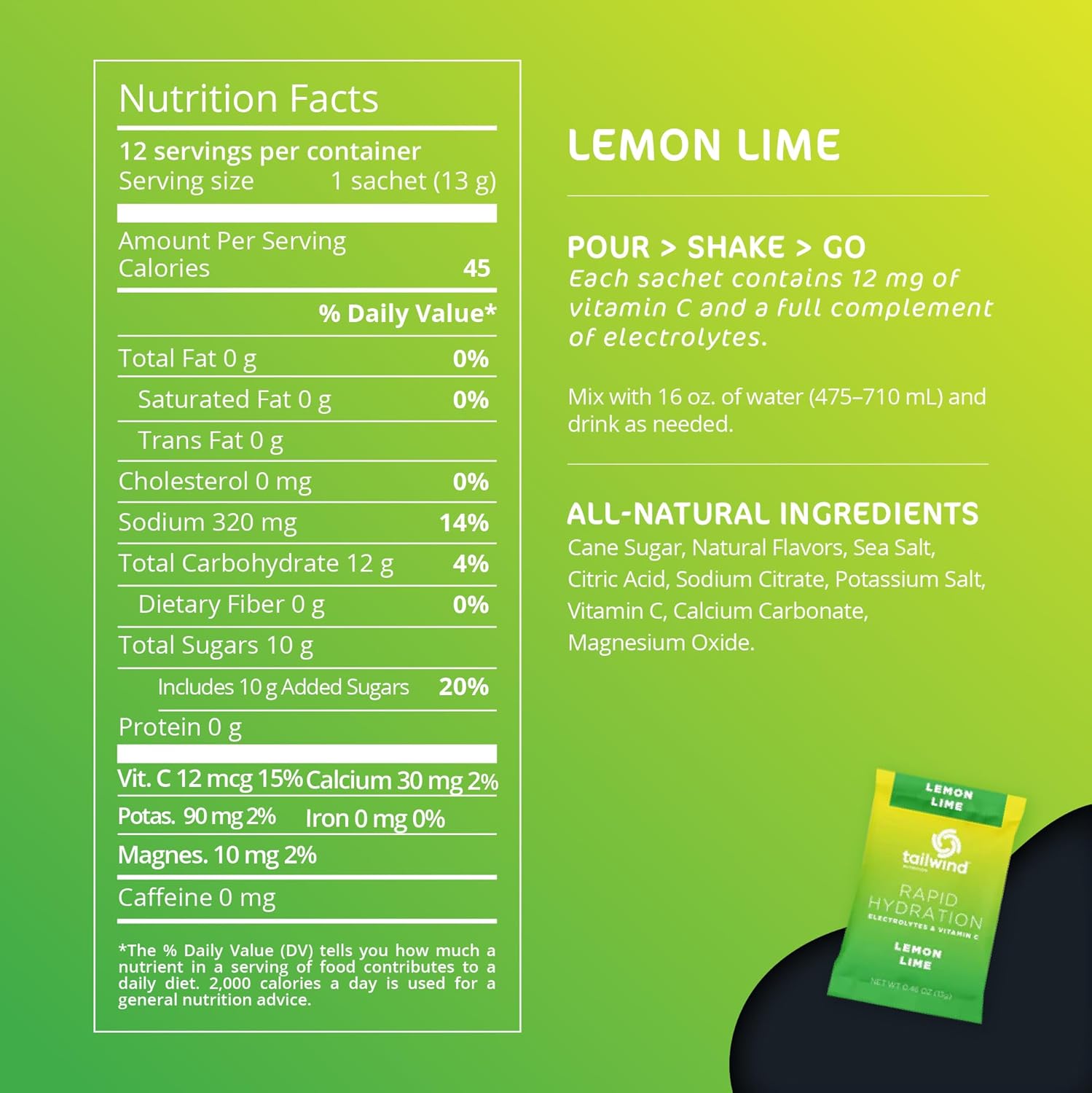 Tailwind Nutrition Lemon Lime Electrolyte Drink Mix Powder Packets - Pack of 12, Non-GMO, Vegan, Vitamin-C Infused