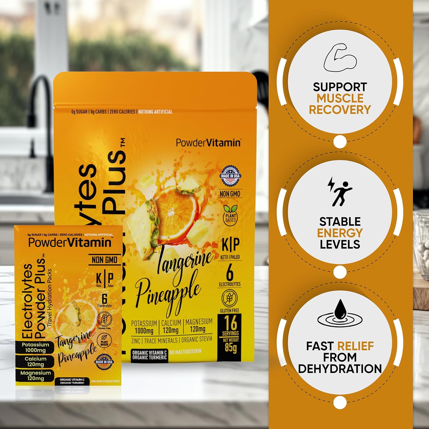 Tangerine Pineapple Electrolyte Powder with 1000mg Potassium, 120mg Calcium, 120mg Magnesium - Sugar Free Keto Hydration Packets