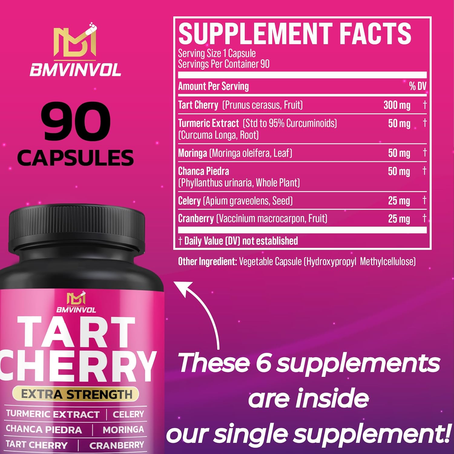 Tart Cherry 20:1 Extract Plus Moringa, Chanca Piedra, Celery, Cranberry Extract Capsules - 90 Count - 3 Month Supply