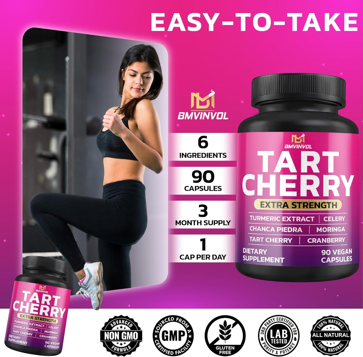 Tart Cherry 20:1 Extract Plus Moringa, Chanca Piedra, Celery, Cranberry Extract Capsules - 90 Count - 3 Month Supply