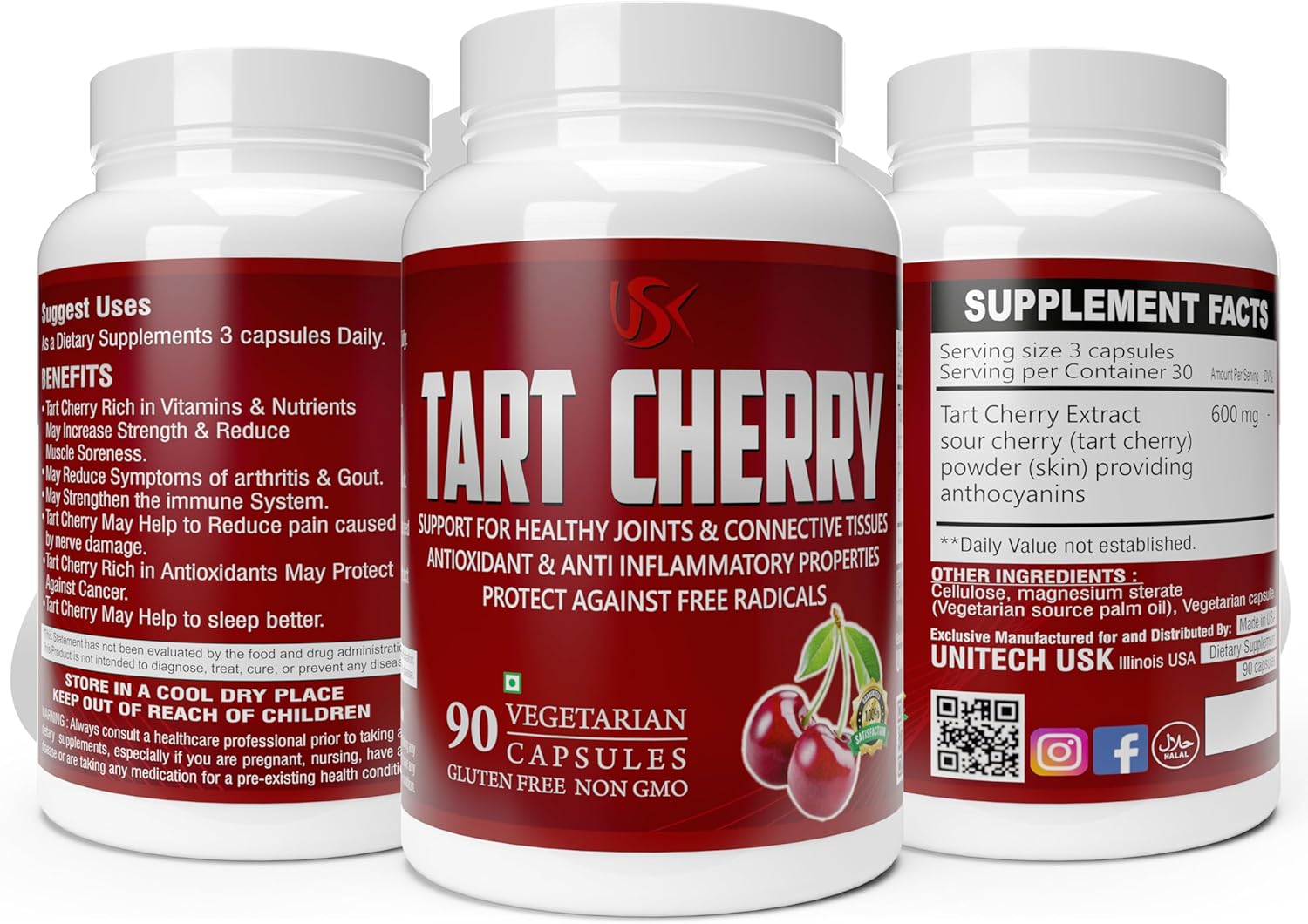 Tart Cherry Joint Support Capsules with Antioxidants & Magnesium | Boost Immune System & Muscle Recovery | 90 Vegetarian Capsules