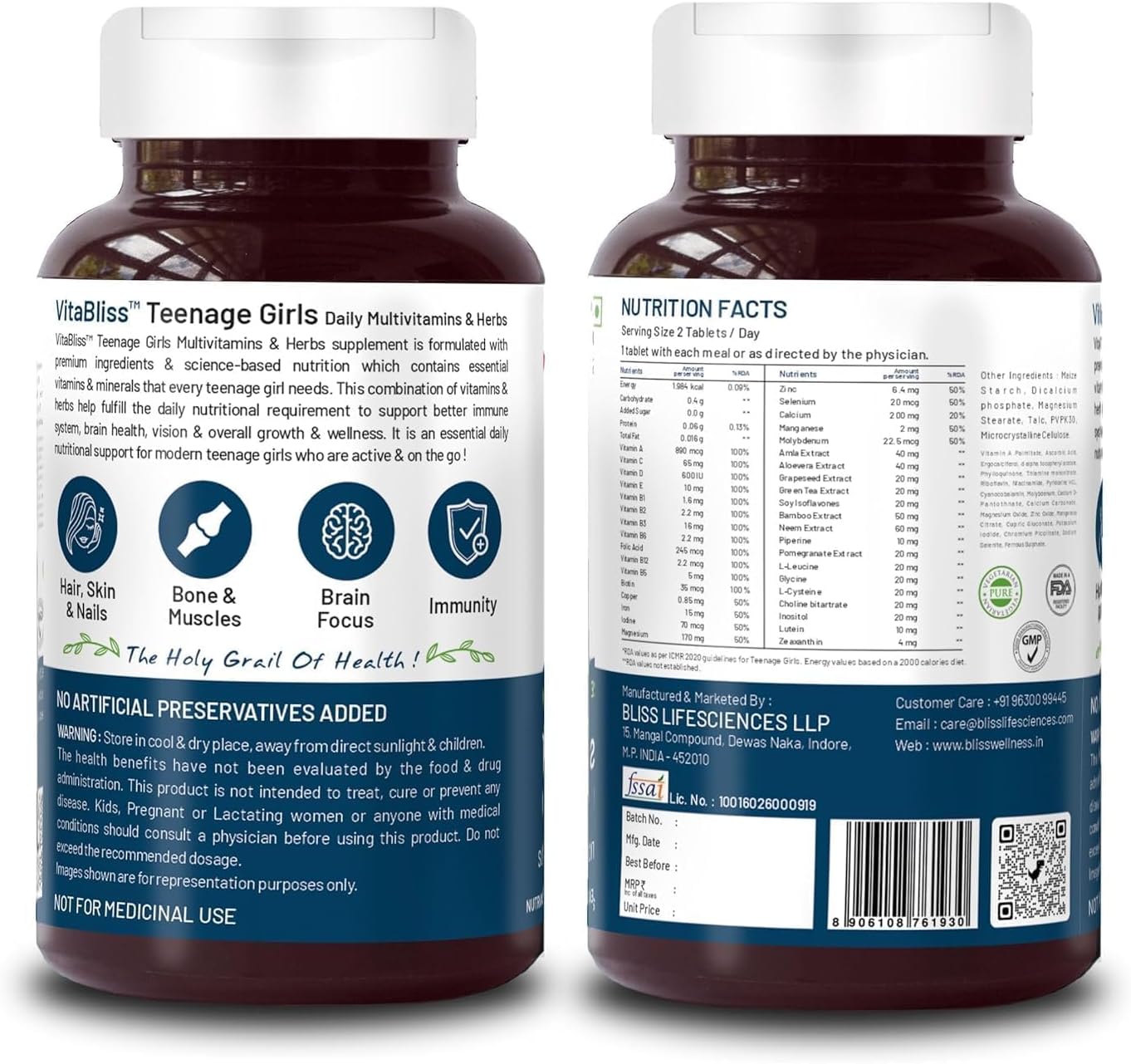 Teenage Girl Multivitamin with Calcium, Magnesium, Zinc, Aloe Vera, Bamboo, Grapeseed Extract - 60 Tablets for Immunity and Health