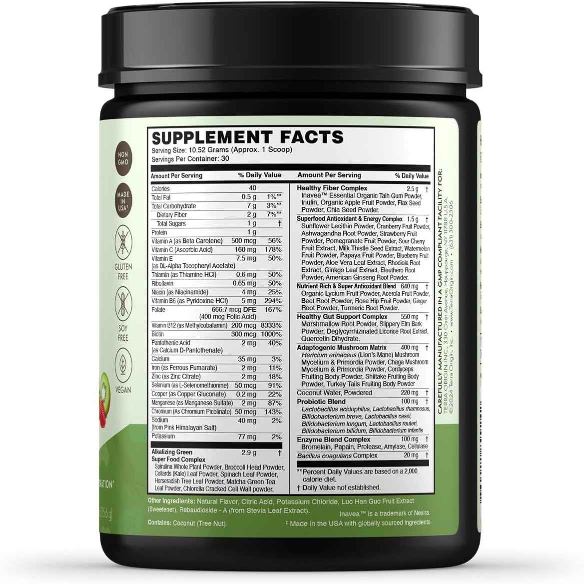 TERRA ORIGIN Healthy Greens Powder Blend | Superfoods, Probiotics, Enzymes, Spirulina | for Immune & Digestive Gut Health Support | Energy & Wellness Boost | 30 Servings (Kiwi Strawberry)