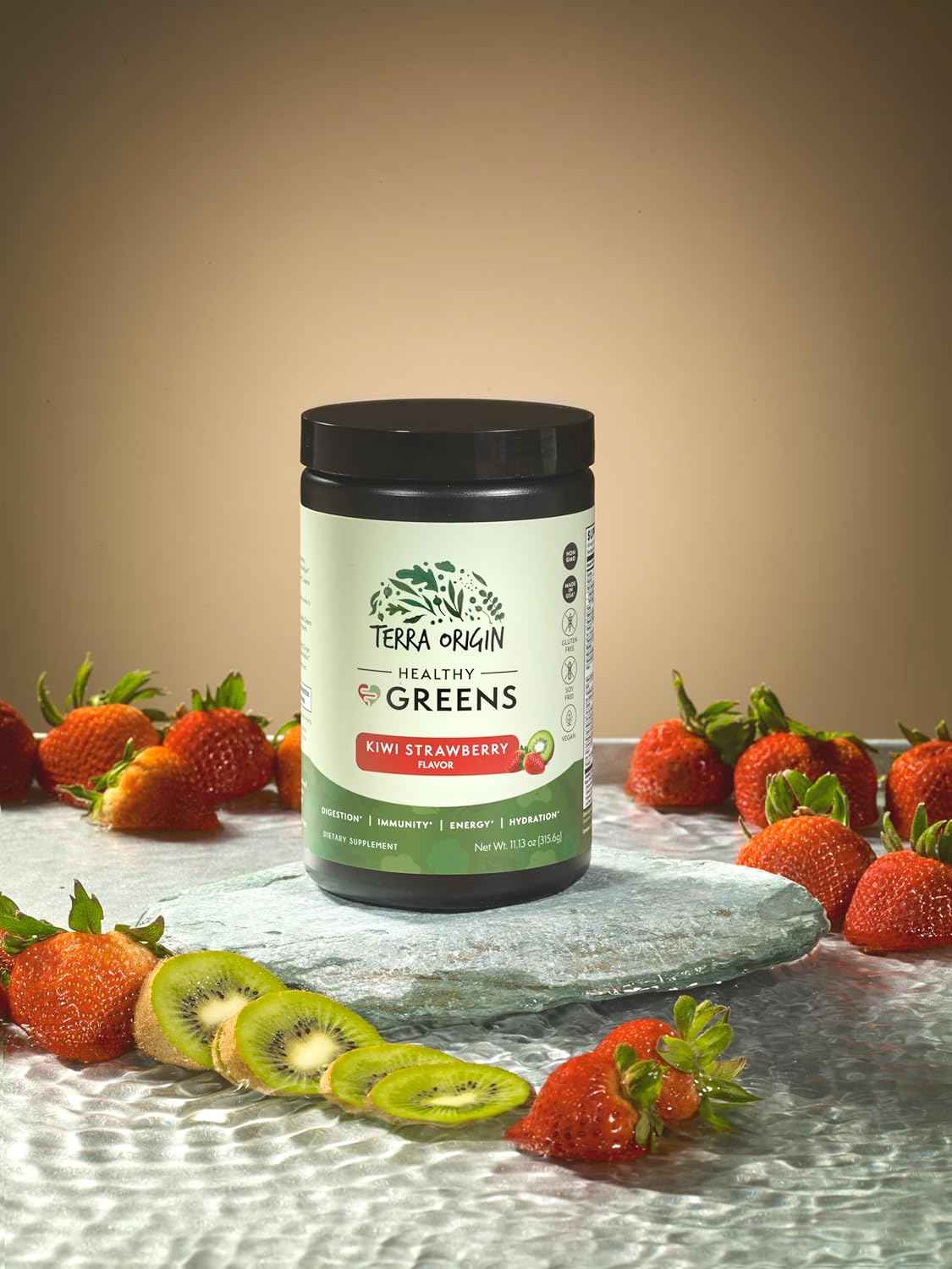 TERRA ORIGIN Healthy Greens Powder Blend | Superfoods, Probiotics, Enzymes, Spirulina | for Immune & Digestive Gut Health Support | Energy & Wellness Boost | 30 Servings (Kiwi Strawberry)