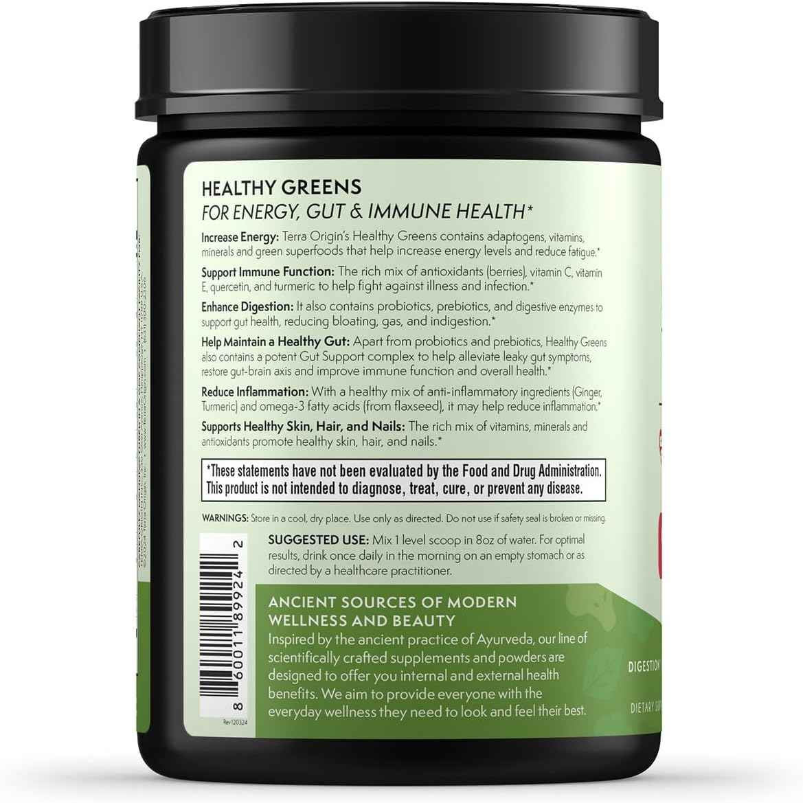 TERRA ORIGIN Healthy Greens Powder Blend | Superfoods, Probiotics, Enzymes, Spirulina | for Immune & Digestive Gut Health Support | Energy & Wellness Boost | 30 Servings (Kiwi Strawberry)