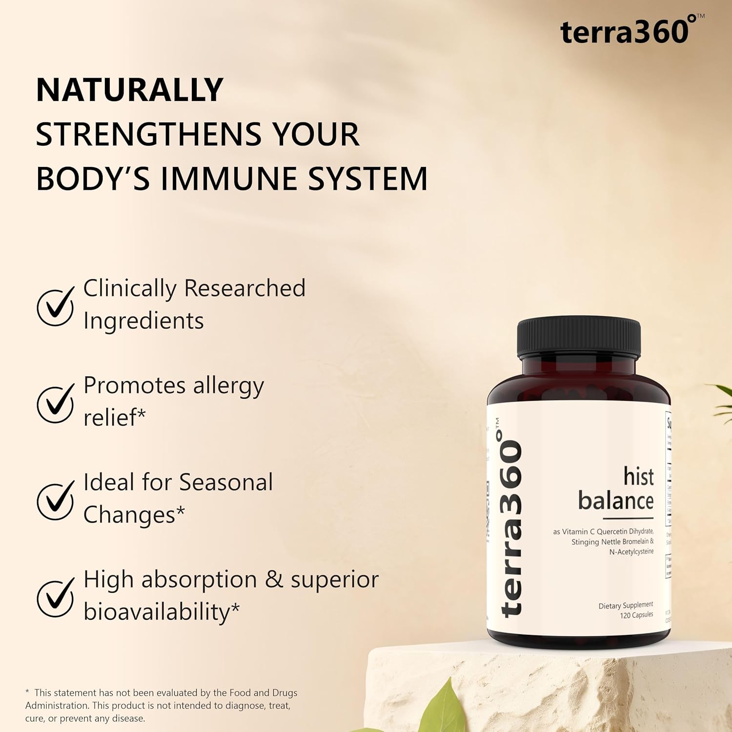 terra360° Hist Balance Capsules with Quercetin & Stinging Nettles - Antioxidant Supplement for Seasonal Support, Cellular, Immune & Heart Health - 120 Count