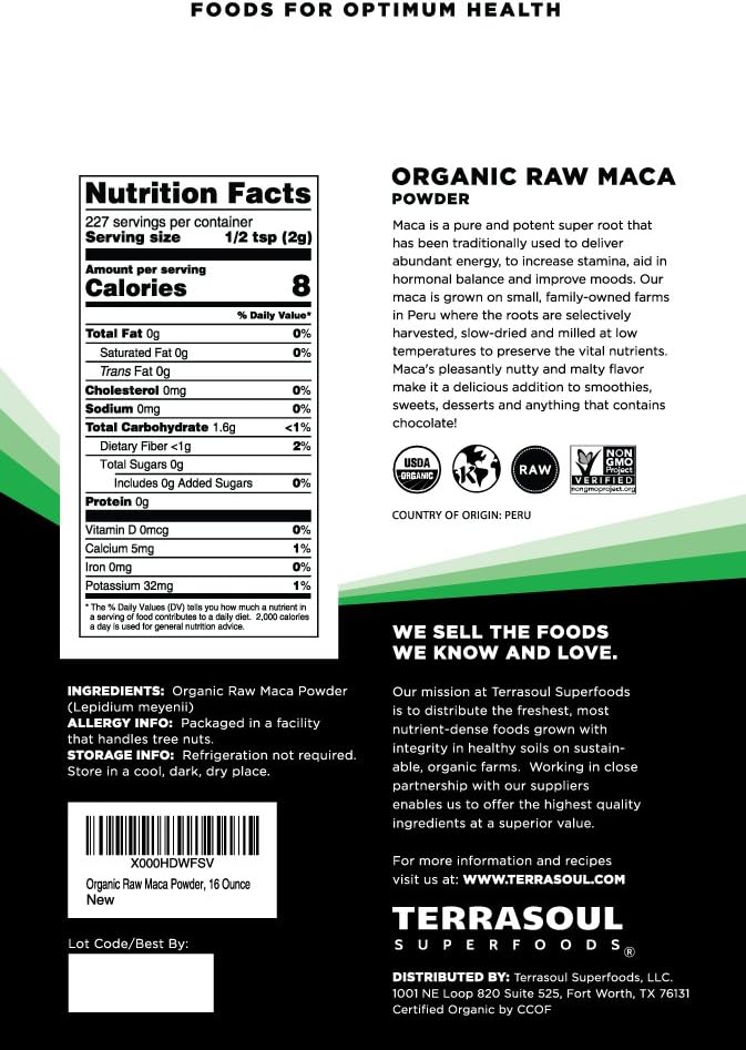 Terrasoul Superfoods Organic Raw Maca Powder - 1 Lb | Premium Quality for Stamina & Energy Boost