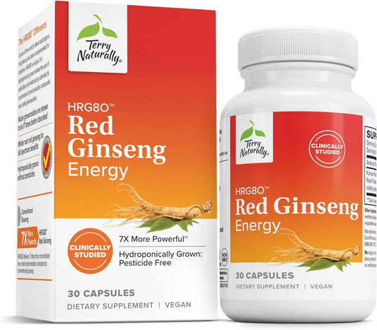 Terry Naturally HRG80 Red Ginseng Energy - Supplement to Support Healthy Energy & Focus - Herbal Supplement with Korean Red Ginseng Root Powder - Vegan Tablets to Aid Healthy Endurance - 30 Capsules
