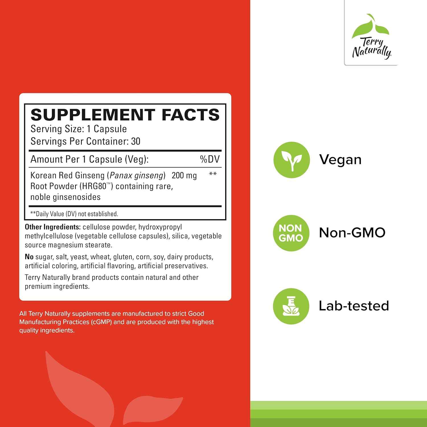 Terry Naturally HRG80 Red Ginseng Energy - Supplement to Support Healthy Energy & Focus - Herbal Supplement with Korean Red Ginseng Root Powder - Vegan Tablets to Aid Healthy Endurance - 30 Capsules