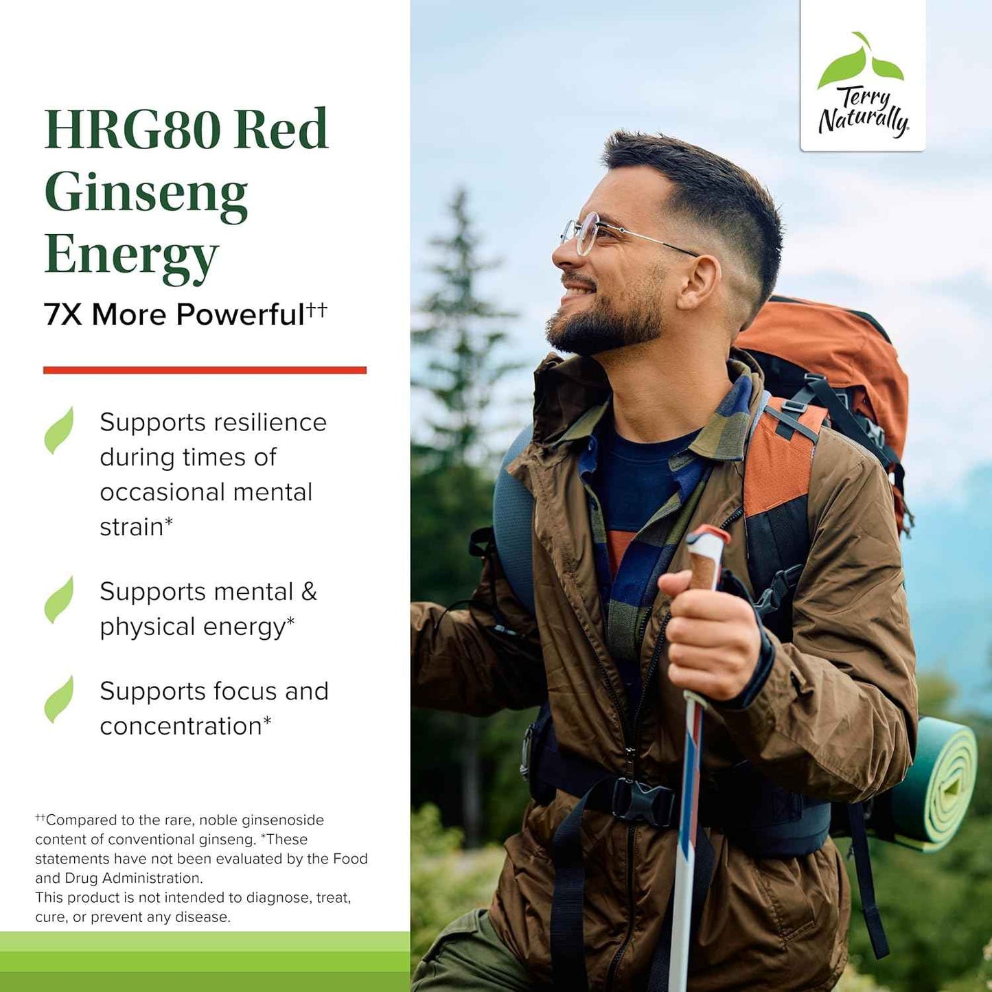 Terry Naturally HRG80 Red Ginseng Energy - Supplement to Support Healthy Energy & Focus - Herbal Supplement with Korean Red Ginseng Root Powder - Vegan Tablets to Aid Healthy Endurance - 30 Capsules