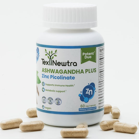 Texnewtra Ashwagandha and Zinc Picolinate Capsules - 60 Count - Immune Health and Metabolic Support Formula