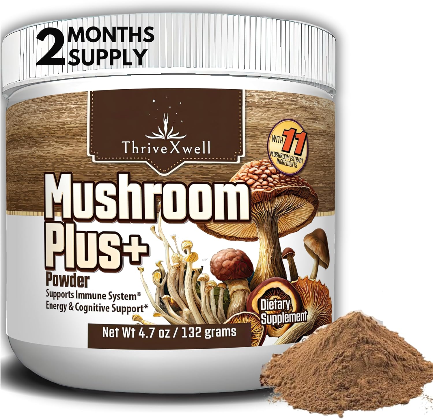 ThriveXwell Pure Mushroom Plus 11 in 1 Dietary Powder Supplement for Immune System & Energy - Chaga, Lions Mane, Reishi, Shiitake, Maitake - Filler Free, Gluten Free - 60 Servings