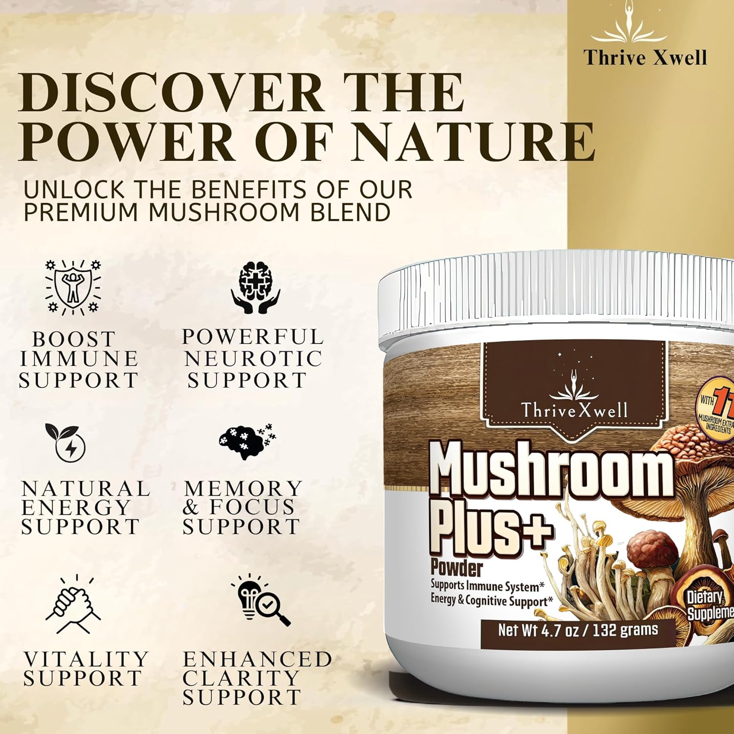 ThriveXwell Pure Mushroom Plus 11 in 1 Dietary Powder Supplement for Immune System & Energy - Chaga, Lions Mane, Reishi, Shiitake, Maitake - Filler Free, Gluten Free - 60 Servings