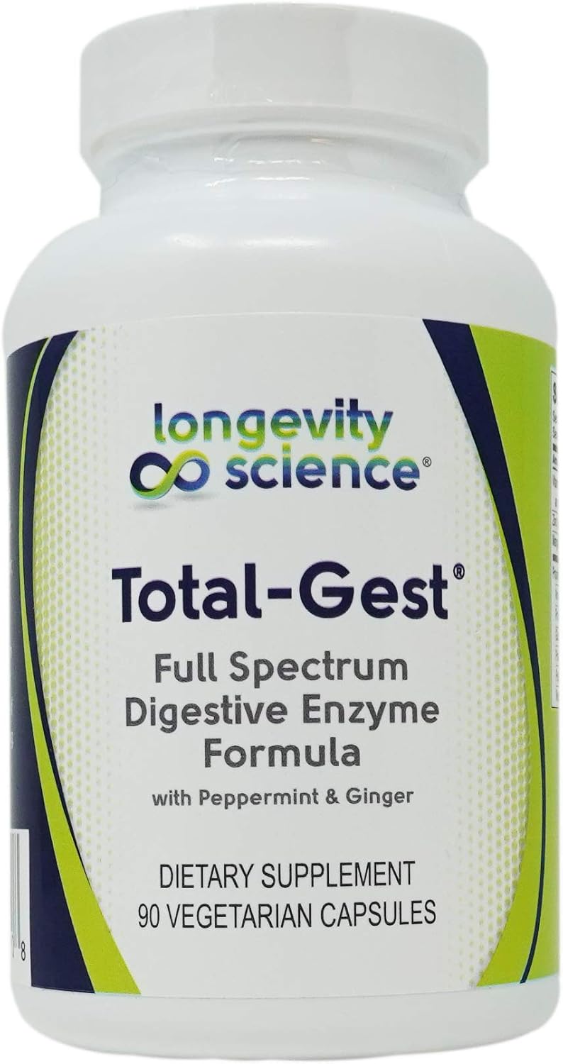 Total Gest Full Spectrum Digestive Enzyme Formula - 90 Vegetarian Capsules for Improved Longevity