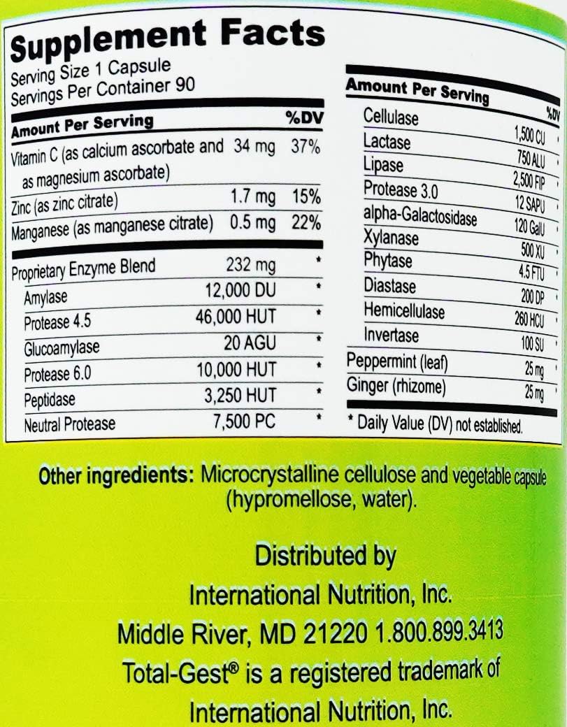 Total Gest Full Spectrum Digestive Enzyme Formula - 90 Vegetarian Capsules for Improved Longevity