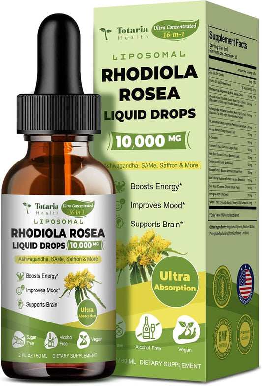 Totaria Liposomal Rhodiola Rosea Tincture with Ashwagandha, L-Theanine, Saffron - Ultra Strength Supplement with Magnesium for Cortisol Support