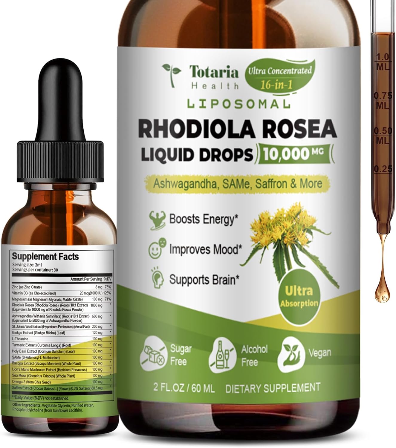 Totaria Liposomal Rhodiola Rosea Tincture with Ashwagandha, L-Theanine, Saffron - Ultra Strength Supplement with Magnesium for Cortisol Support