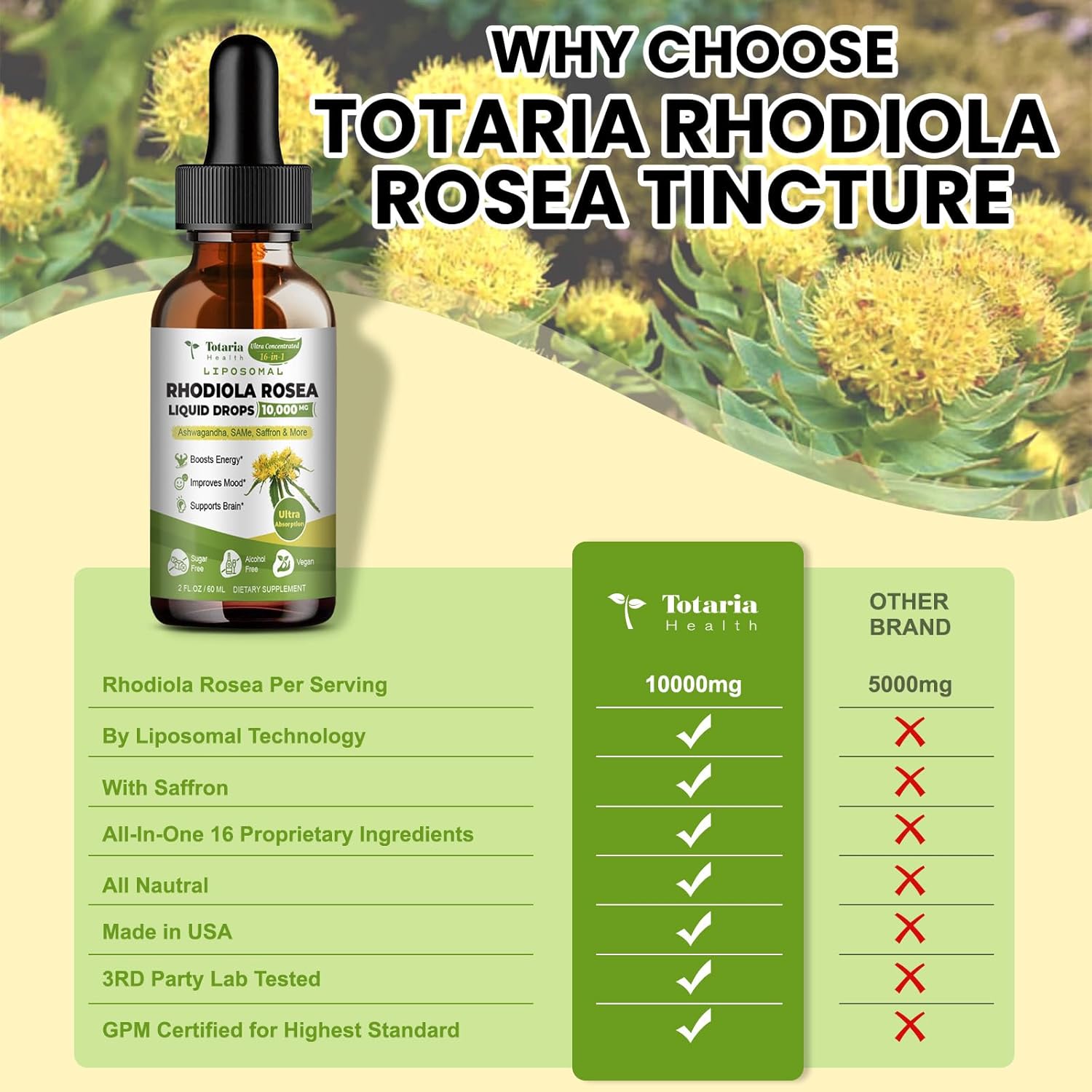 Totaria Liposomal Rhodiola Rosea Tincture with Ashwagandha, L-Theanine, Saffron - Ultra Strength Supplement with Magnesium for Cortisol Support