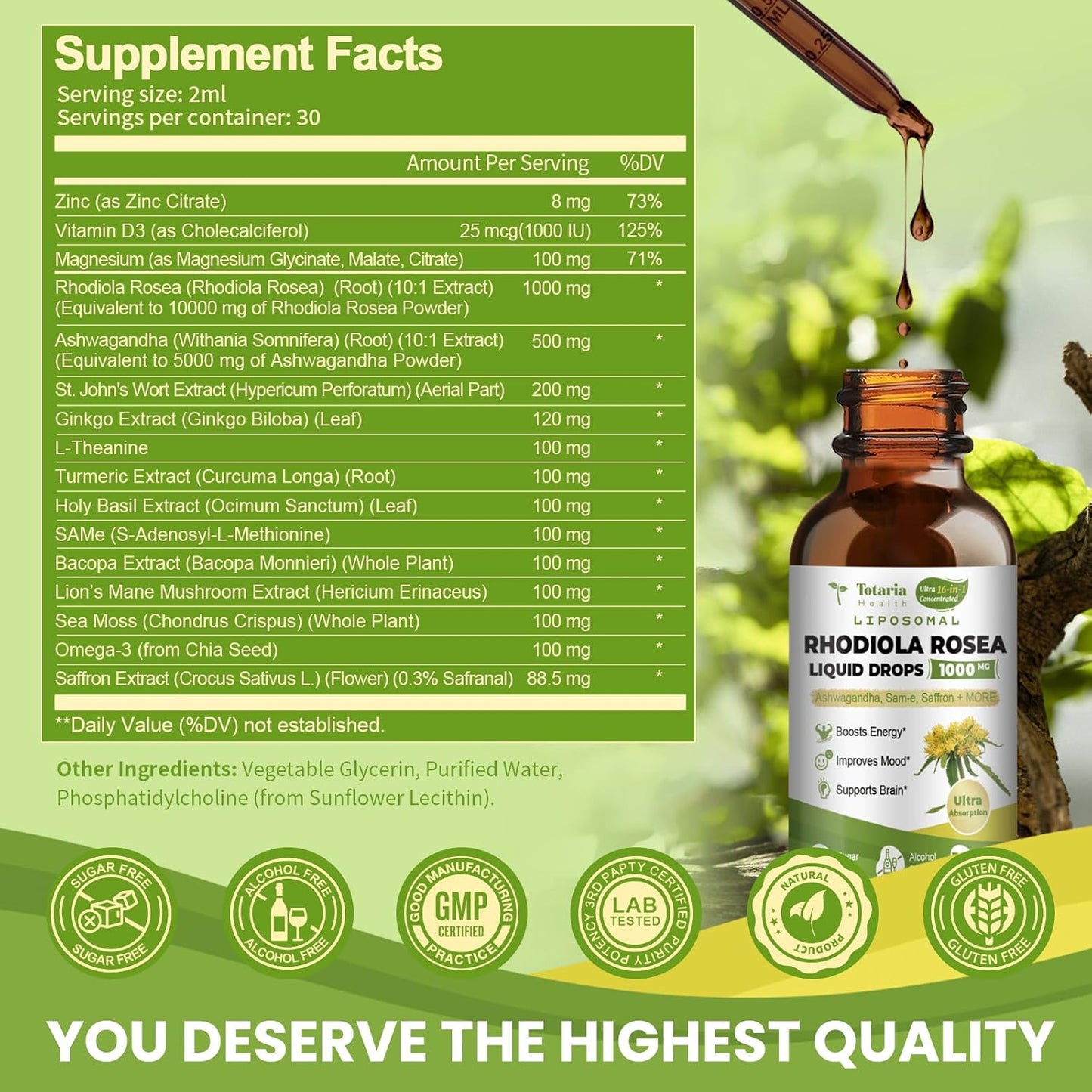 Totaria Liposomal Rhodiola Rosea Tincture with Ashwagandha, L-Theanine, Saffron - Ultra Strength Supplement with Magnesium for Cortisol Support