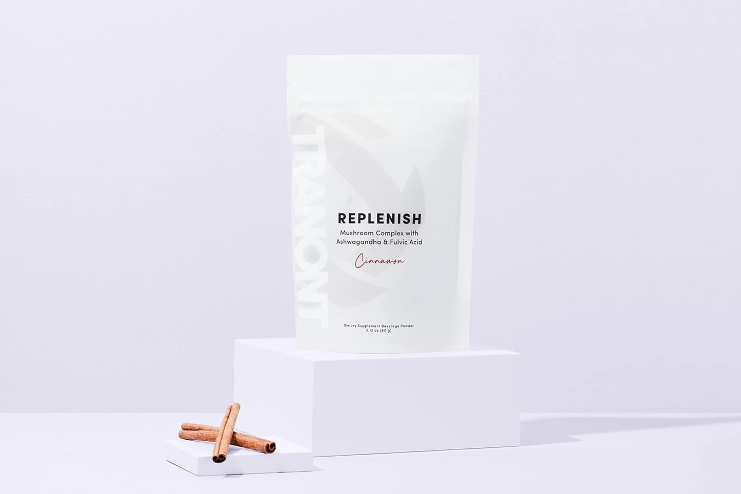 Tranont Replenish Mushroom Complex with Ashwagandha & Fulvic Acid, Cinnamon Flavored Dietary Supplement Powder - 2.12 oz