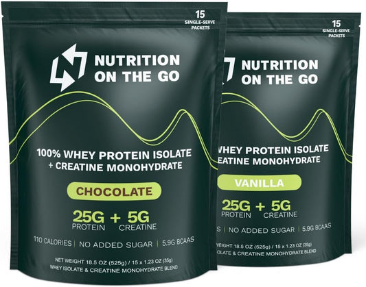 Travel-Friendly Mixed Whey Protein Powder with Creatine - 25g Protein, 5g Creatine - Gluten-Free, No Added Sugar - 30 Single-Serve Packets