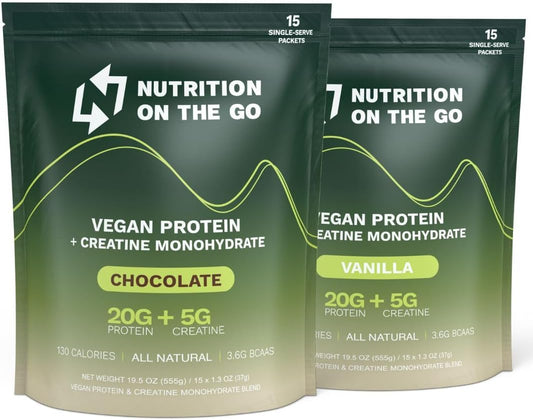 Travel-Friendly Vegan Protein Powder with Creatine - Chocolate & Vanilla Single-Serve Packets - Dairy & Gluten-Free - 30 Pack