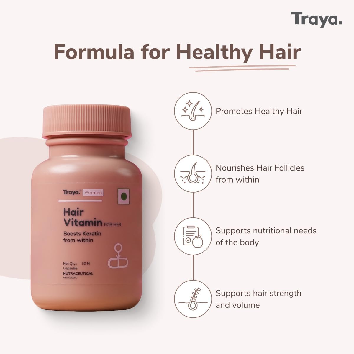 Tra;ya Hair Vitamin for Women | Keratin Supplements for Hair Growth & Fall Control | With Biotin, Zinc, Iron & Vitamin B12 | 30 Tablets