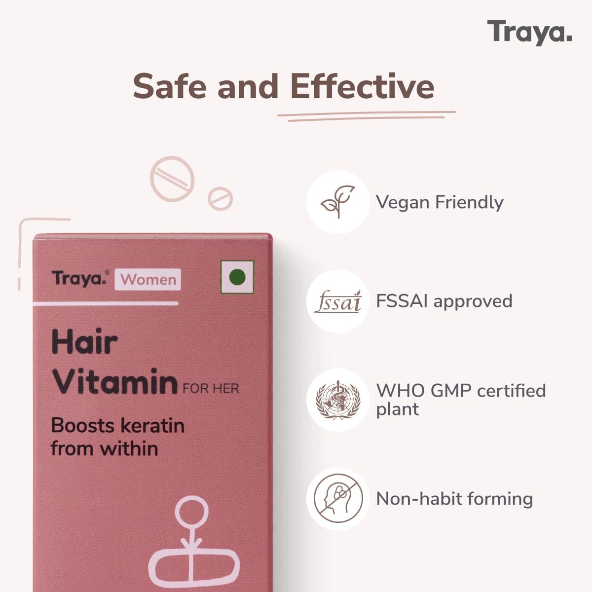 Tra;ya Hair Vitamin for Women | Keratin Supplements for Hair Growth & Fall Control | With Biotin, Zinc, Iron & Vitamin B12 | 30 Tablets