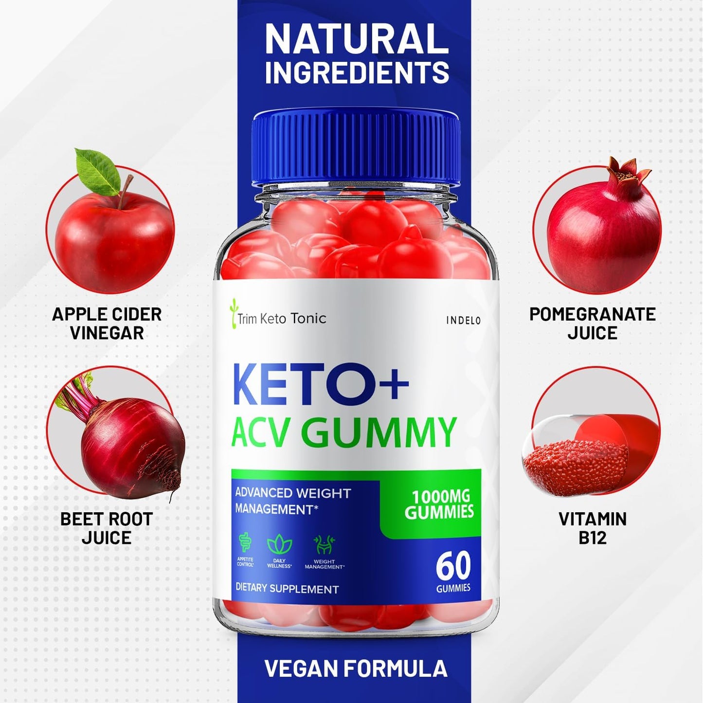 Trim Keto Tonic ACV Gummies for Weight Management - 1000mg Apple Cider Vinegar Supplement with Vitamin B12 - 60 Gummies