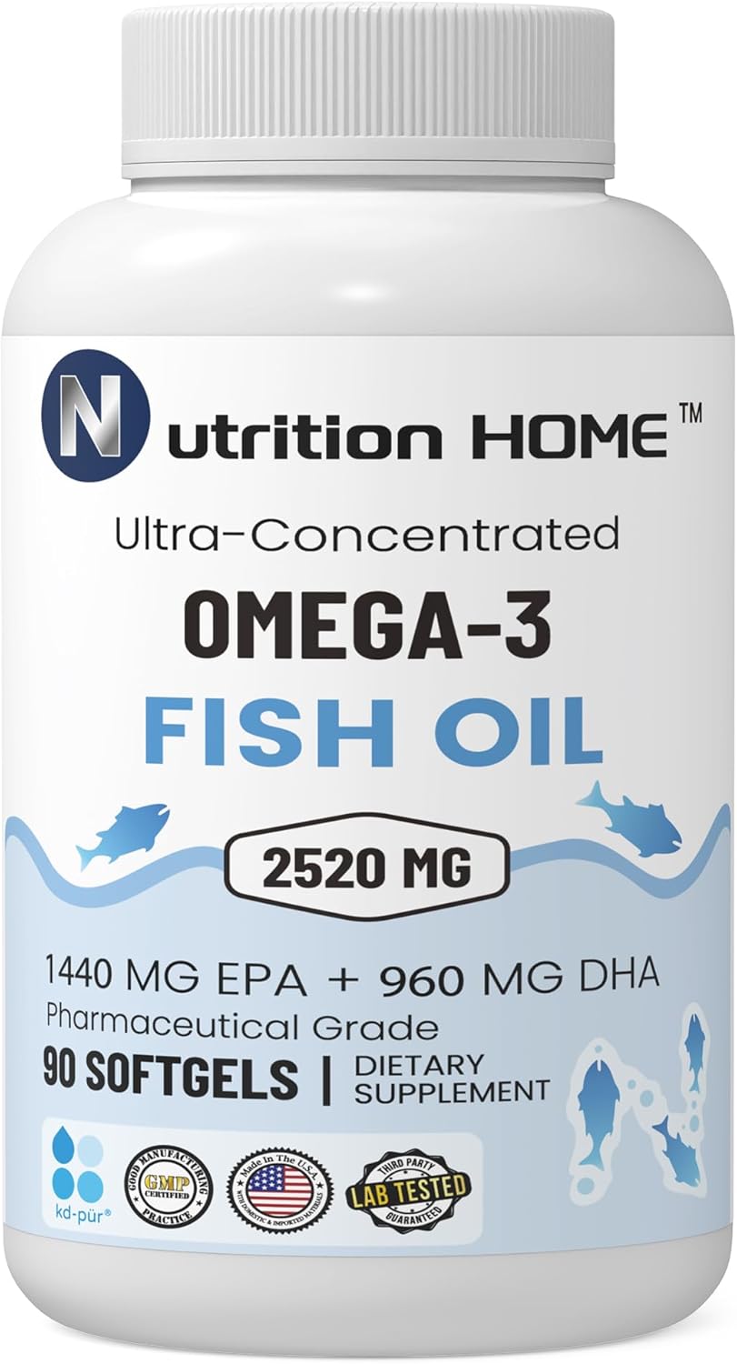 Triple Strength Omega 3 Fish Oil Softgels - 3000mg, EPA & DHA, 2520mg Omega 3 Fatty Acids, Premium Burpless Supplements - 90 Count
