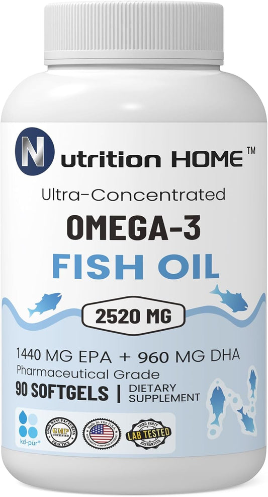 Triple Strength Omega 3 Fish Oil Softgels - 3000mg, EPA & DHA, 2520mg Omega 3 Fatty Acids, Premium Burpless Supplements - 90 Count