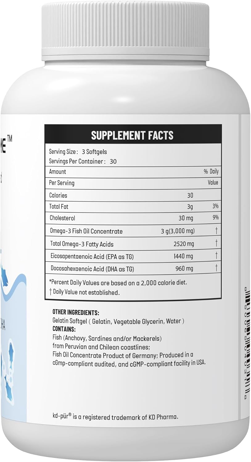 Triple Strength Omega 3 Fish Oil Softgels - 3000mg, EPA & DHA, 2520mg Omega 3 Fatty Acids, Premium Burpless Supplements - 90 Count