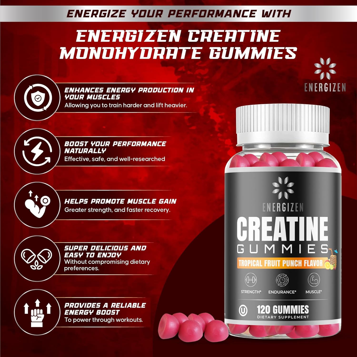Tropical Fruit Punch Flavored Creatine Gummies | 5g Creatine/Serving | Vegetarian, Kosher, Halal | Gluten-Free & Natural Ingredients