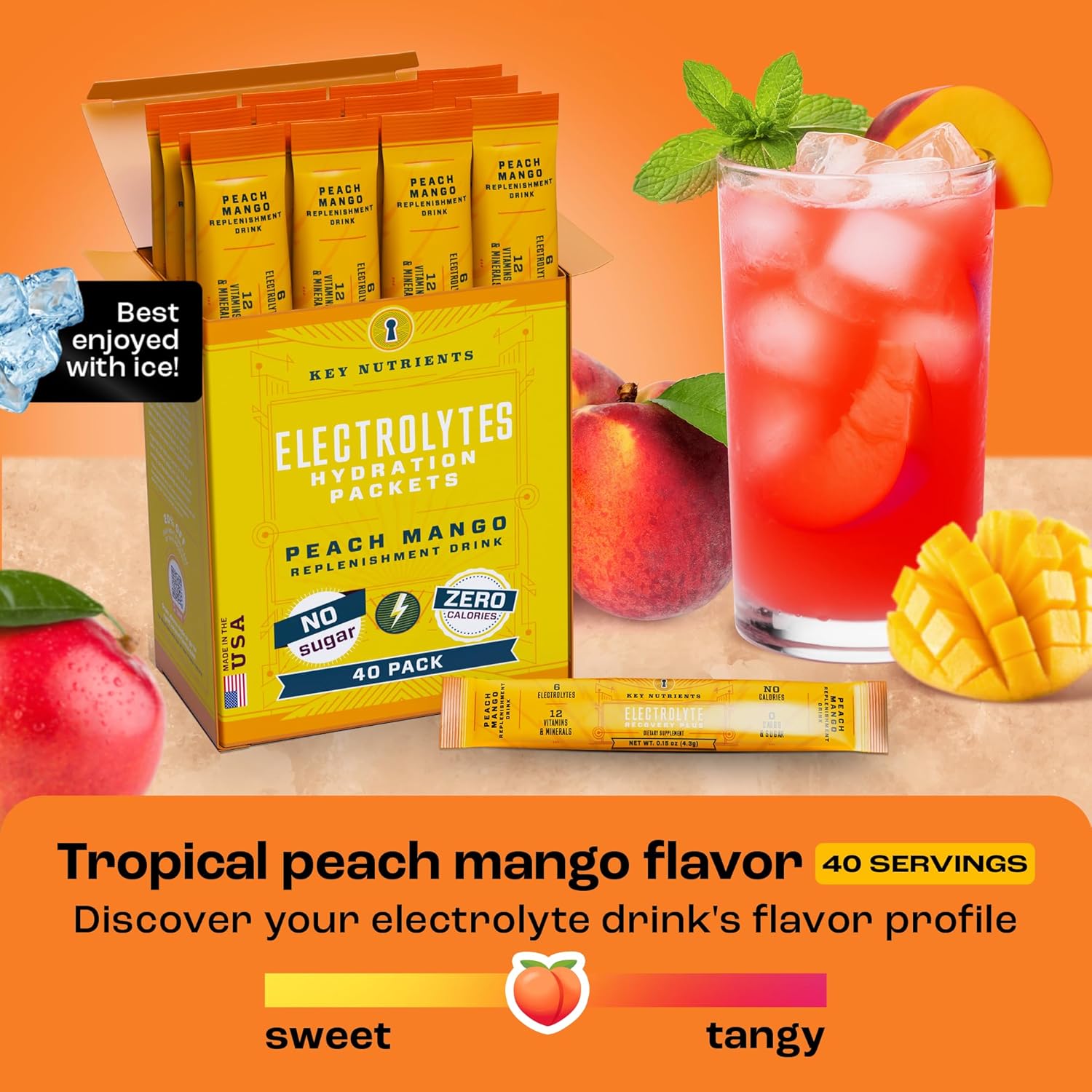 Tropical Peach Mango Electrolyte Powder Packets - 40 Pack for Post-Workout Recovery and Hydration - Travel-Friendly Hydration Supplement