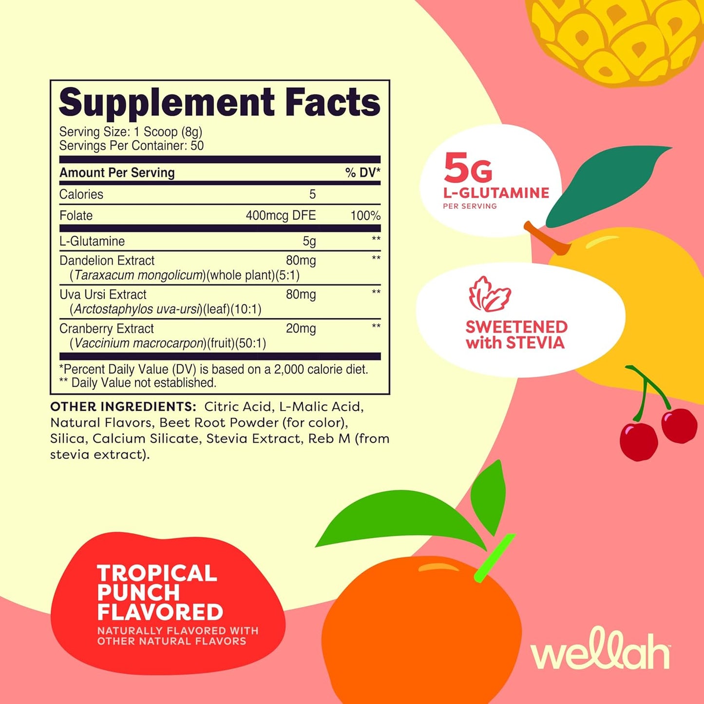 Tropical Punch L-Glutamine Powder - 5g Per Serving, Sweetened with Stevia - 50 Servings