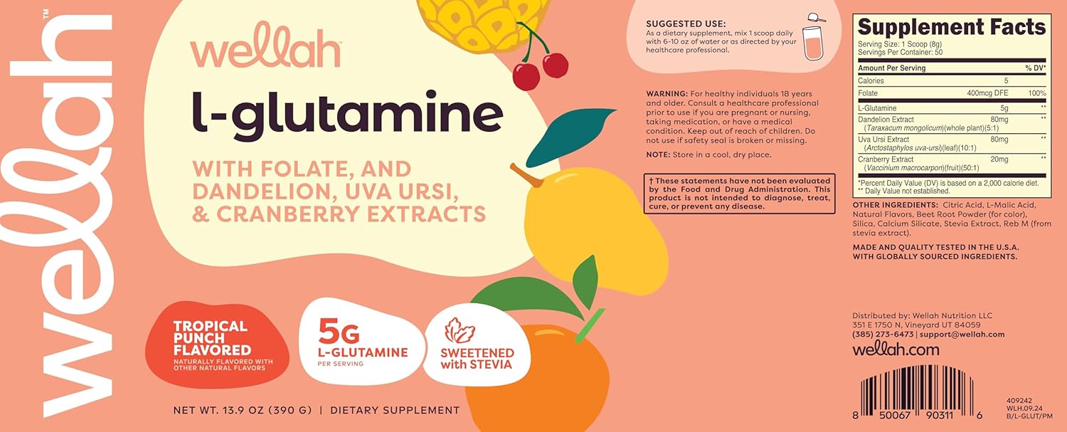 Tropical Punch L-Glutamine Powder - 5g Per Serving, Sweetened with Stevia - 50 Servings