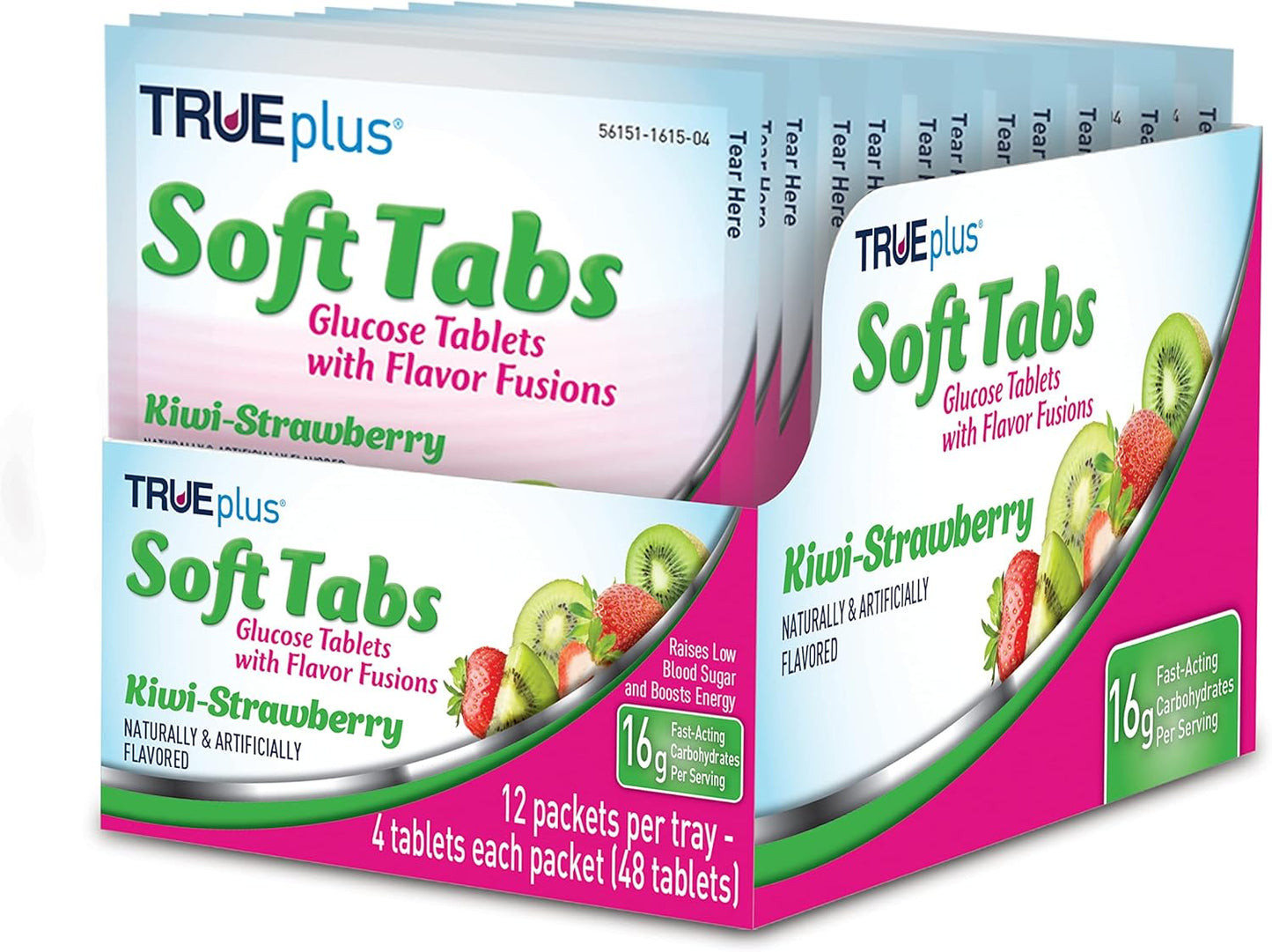 TRUEplus® Kiwi Strawberry Soft Tabs Glucose Tablets - 12 Packs, 48 Tabs