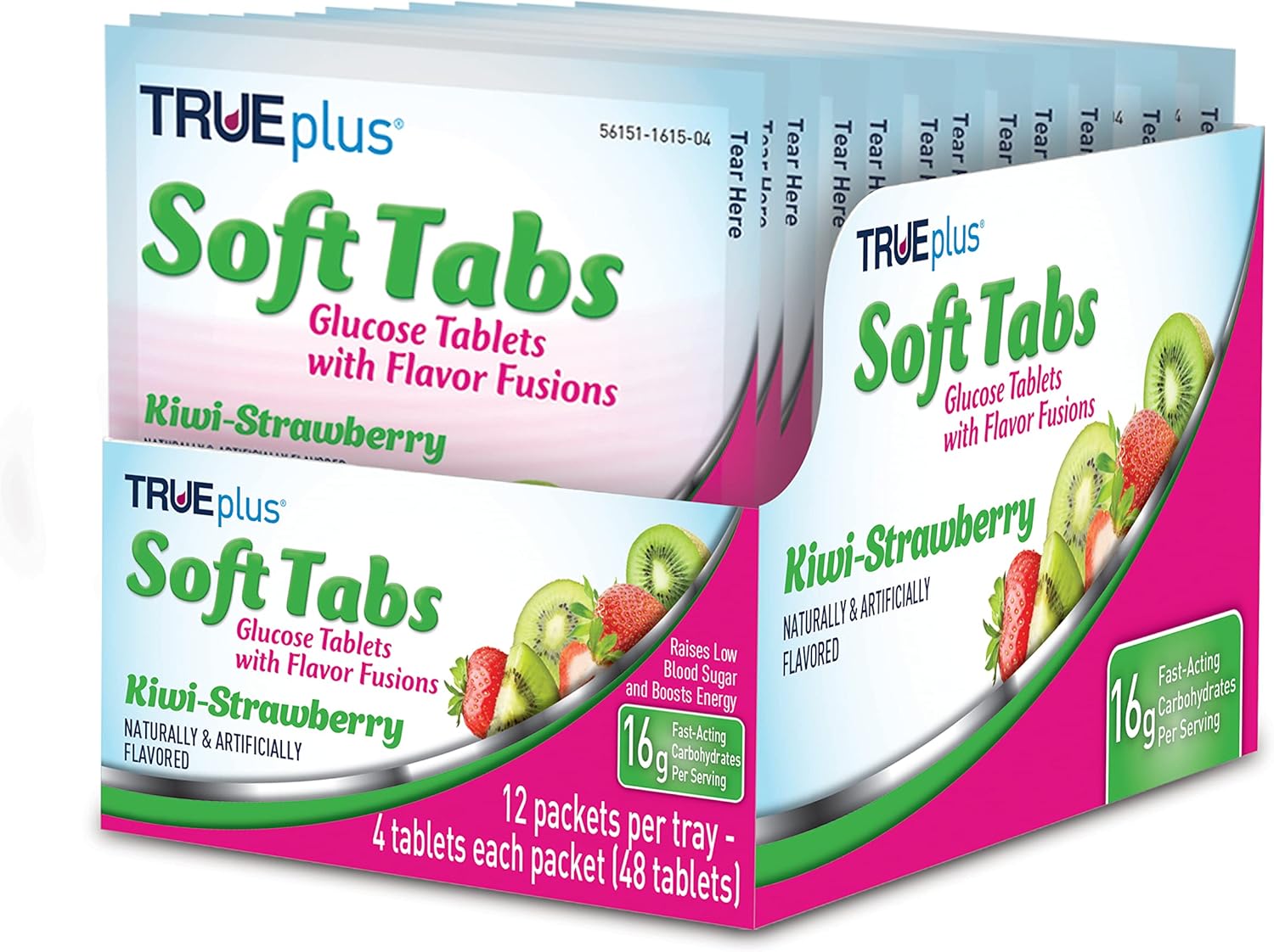 TRUEplus® Kiwi Strawberry Soft Tabs Glucose Tablets - 12 Packs, 48 Tabs