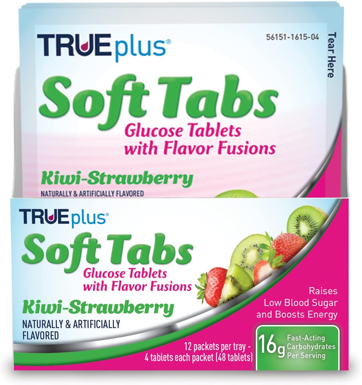 TRUEplus® Kiwi Strawberry Soft Tabs Glucose Tablets - 12 Packs, 48 Tabs