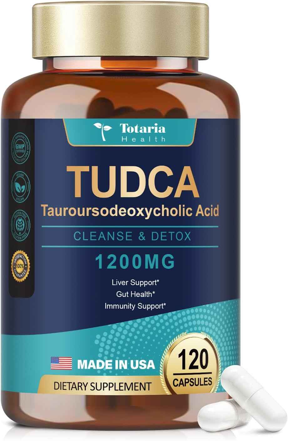 TUDCA Bile Salts Liver Support Supplement 1200mg, 120 Capsules, (Two Daily, 60 Days), for Liver and Gallbladder Support, Vegan