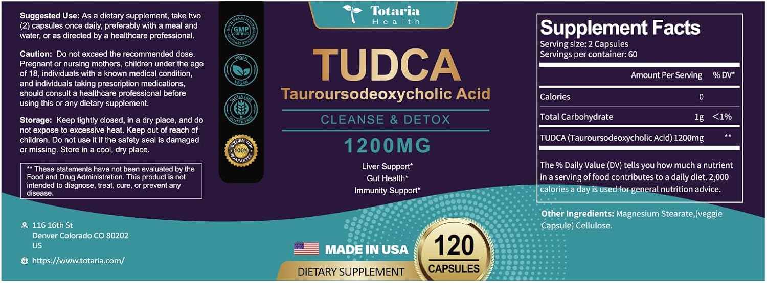 TUDCA Bile Salts Liver Support Supplement 1200mg, 120 Capsules, (Two Daily, 60 Days), for Liver and Gallbladder Support, Vegan
