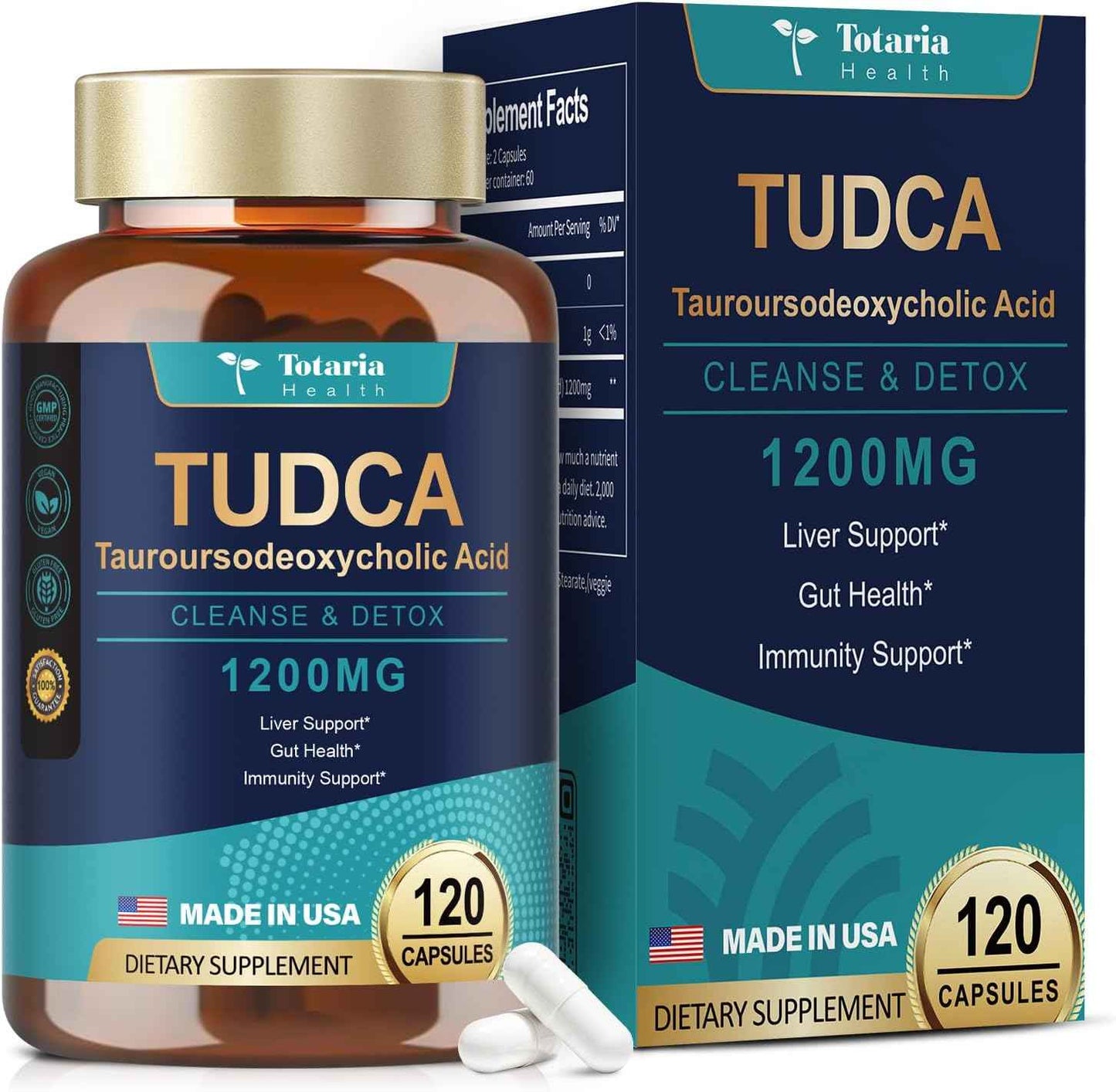 TUDCA Bile Salts Liver Support Supplement 1200mg, 120 Capsules, (Two Daily, 60 Days), for Liver and Gallbladder Support, Vegan