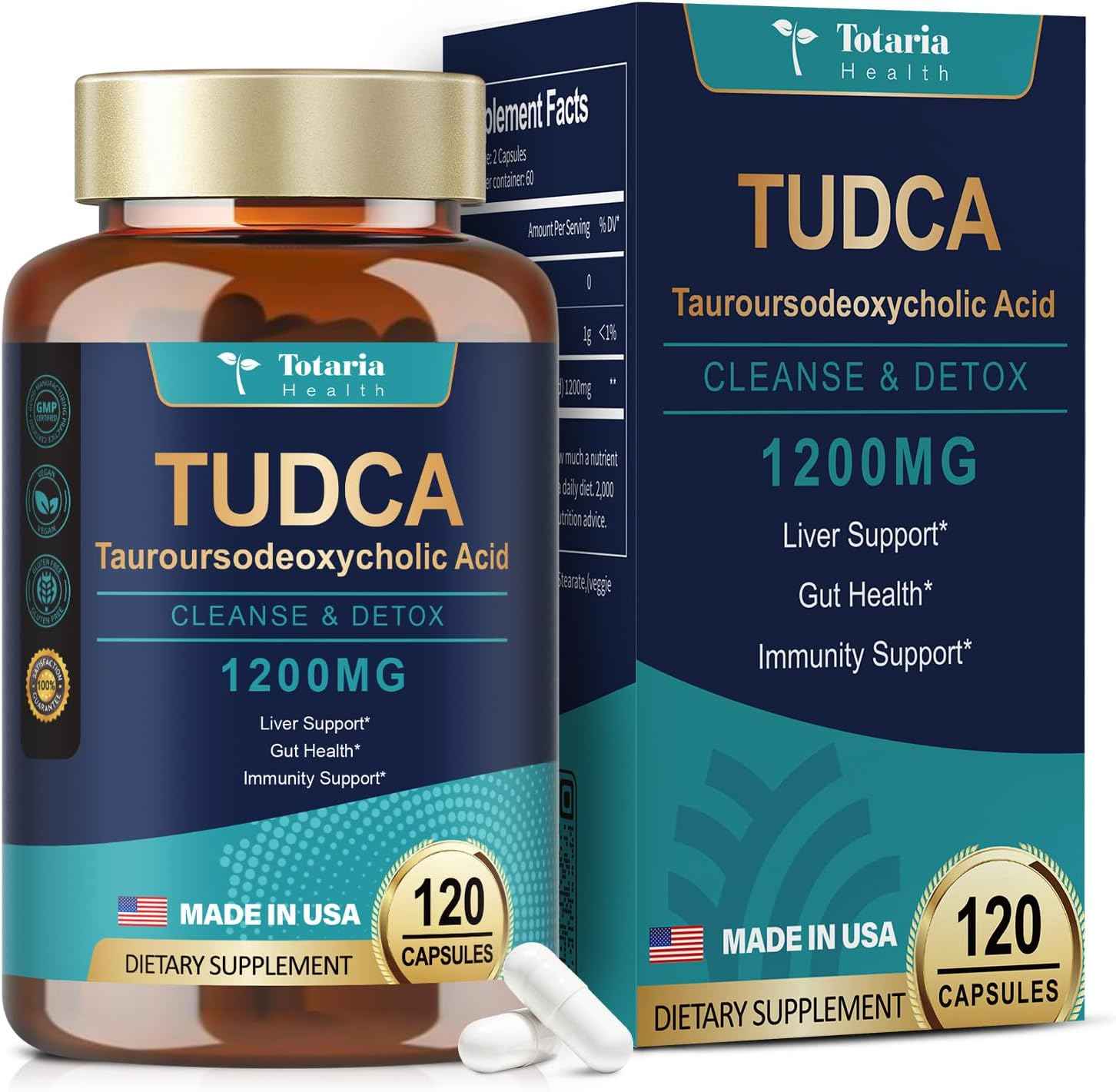 TUDCA Bile Salts Liver Support Supplement 1200mg, 120 Capsules, (Two Daily, 60 Days), for Liver and Gallbladder Support, Vegan