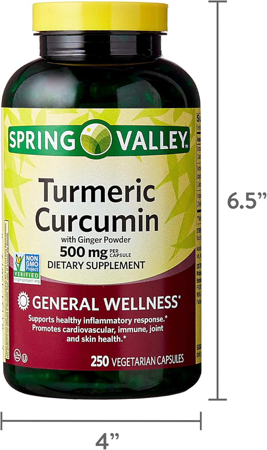 Turmeric Curcumin with Ginger Capsules - 500mg, 250 Count, Non-GMO, Kosher, Joint and Immune Support, Vegetarian Formula for Daily Wellness