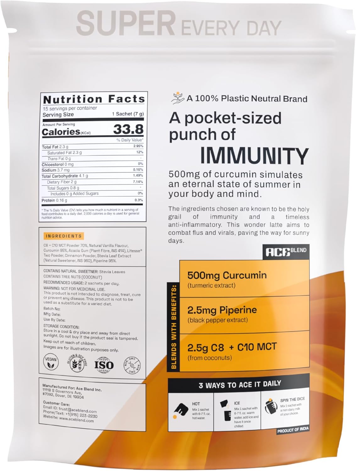 Turmeric Extract Latte with Natural Cinnamon Flavor | 15 Servings | Ace Blend Curcumin Wonder