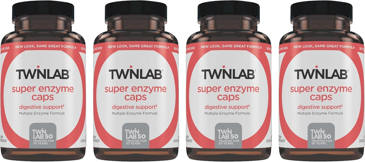 Twinlab Super Enzyme Caps - Digestive Enzyme Supplement for Constipation Relief - 200 Capsules (4 Pack)