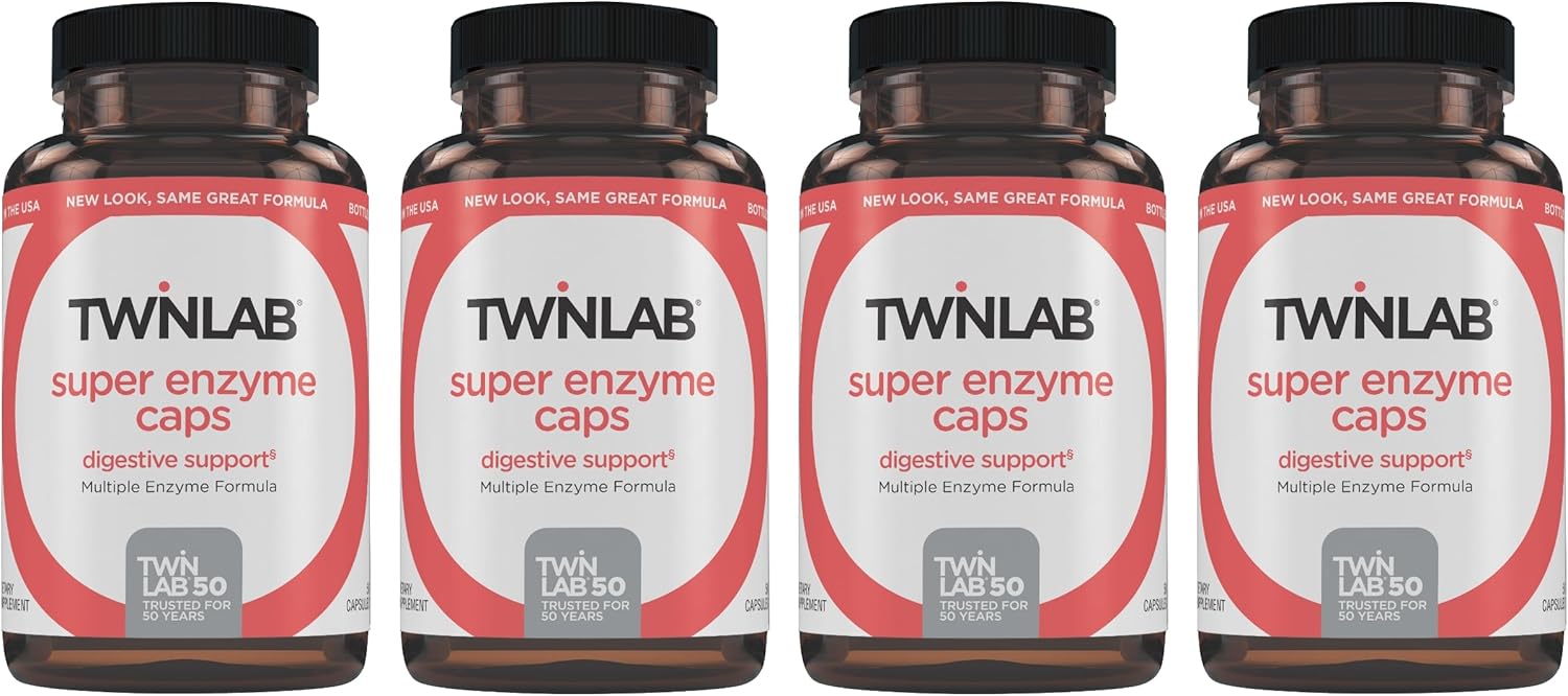 Twinlab Super Enzyme Caps - Digestive Enzyme Supplement for Constipation Relief - 200 Capsules (4 Pack)